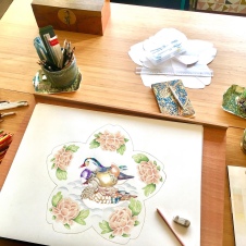 Paula Kuitenbrouwer's desk with Sakura Mandarin Ducks & Chrysanthemums