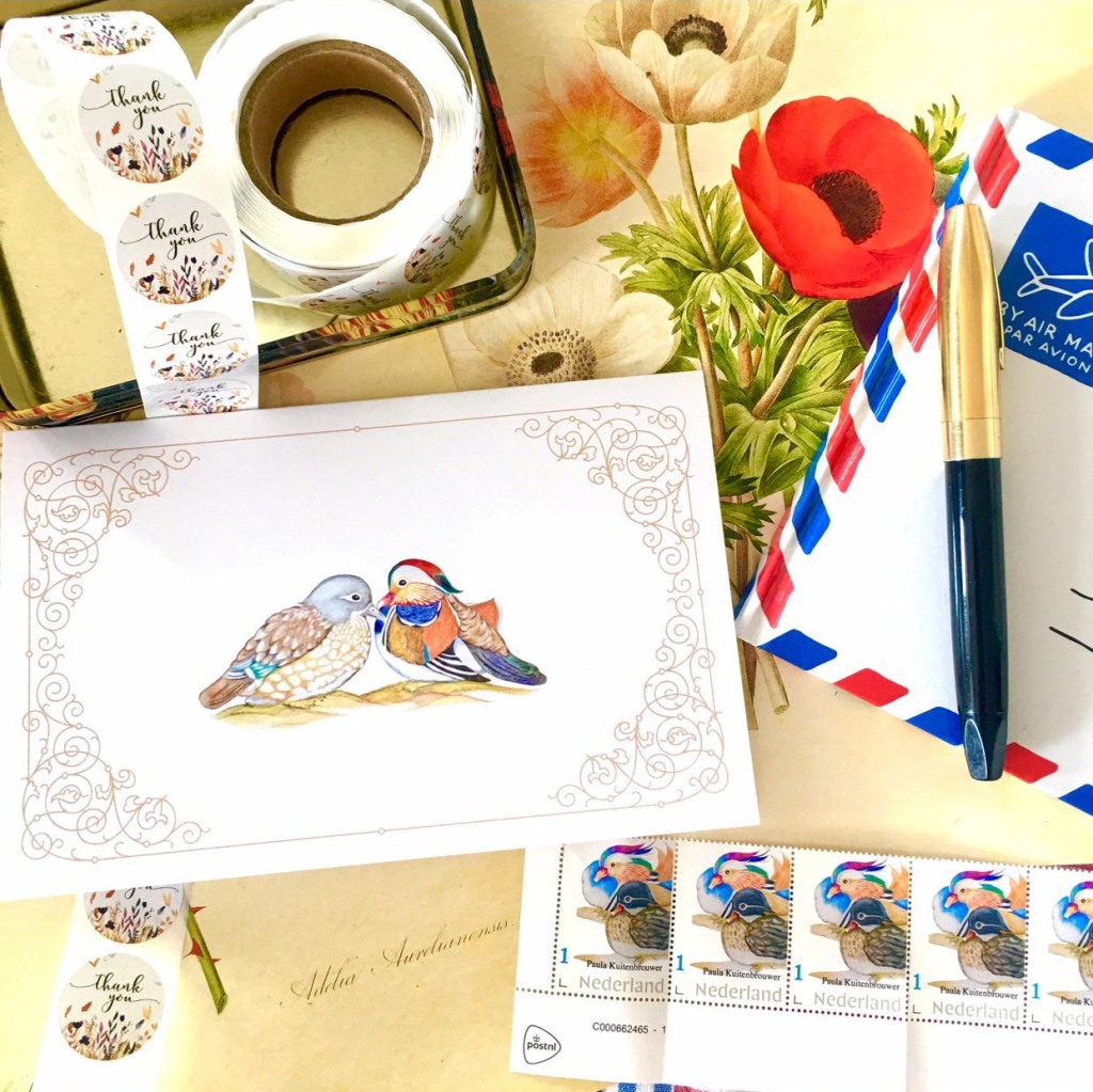 Mandarin duck postal stamps designed by Paula Kuitenbrouwer