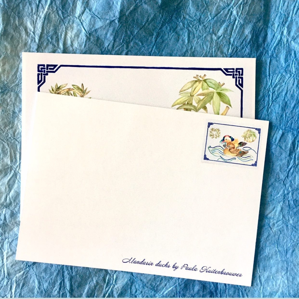 Mandarin duck postcard with similar postal stamps designed by Paula Kuitenbrouwer